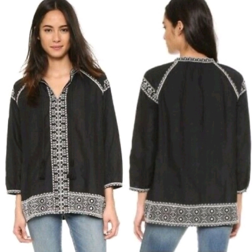 Madewell Embroidered Camelia Embroidered Tassel Top in Black Large